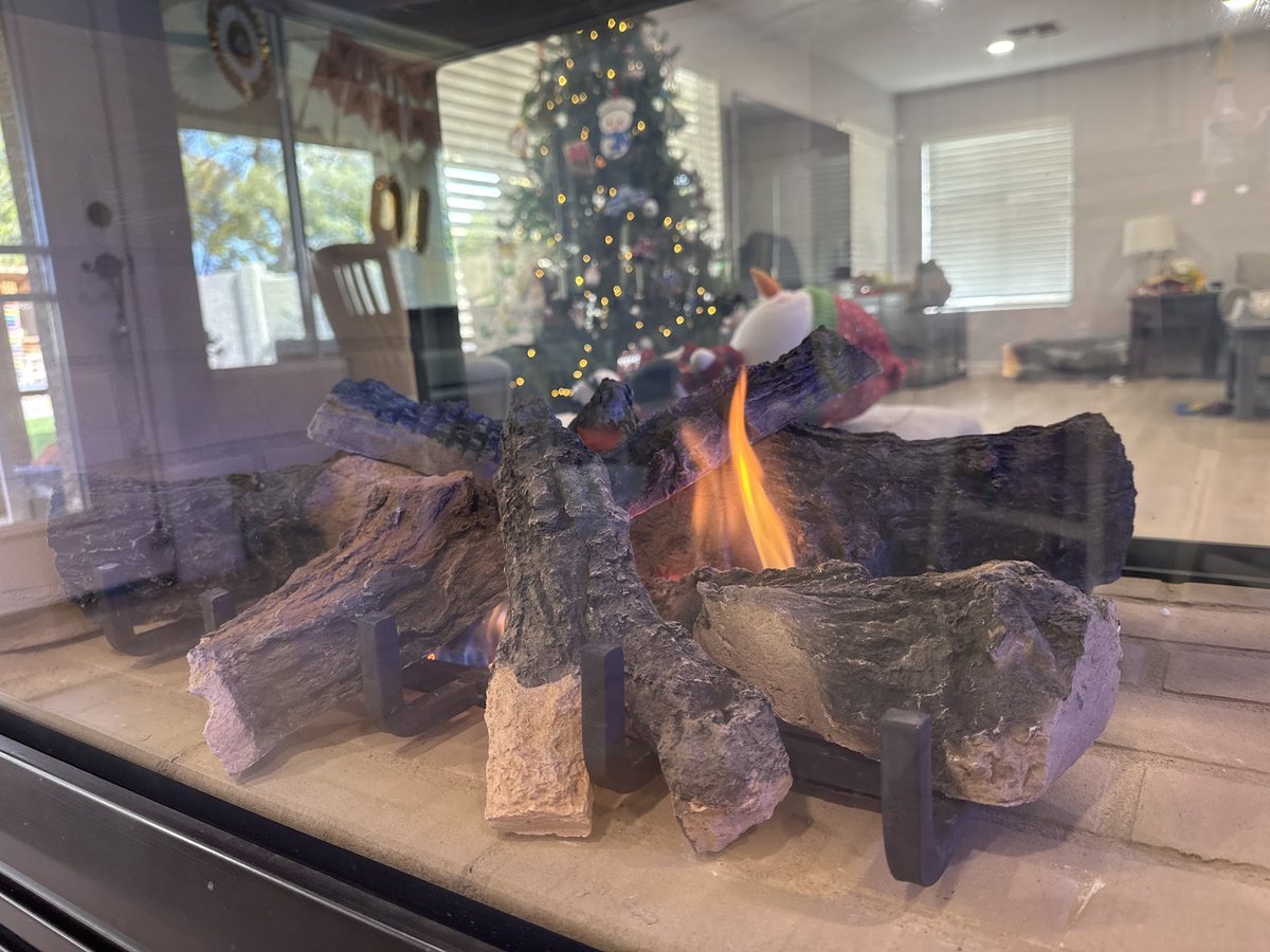 A gas log set burning in the showroom