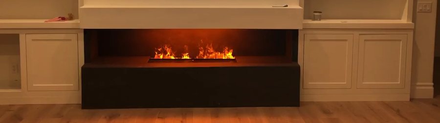 A long linear fireplace built into a wall